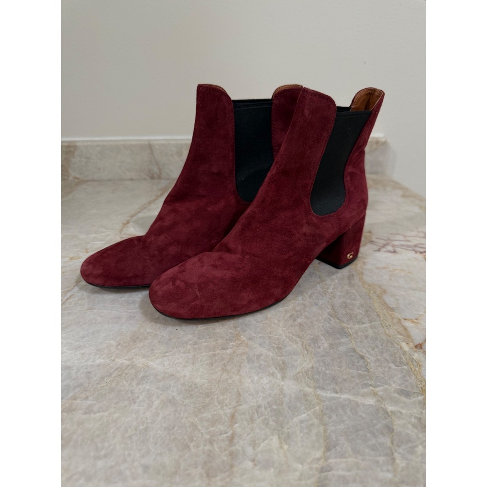 Coach Tia Wine Red Suede Chelsea Ankle Boots Block Heel Size 8.5 - Picture 3 of 12